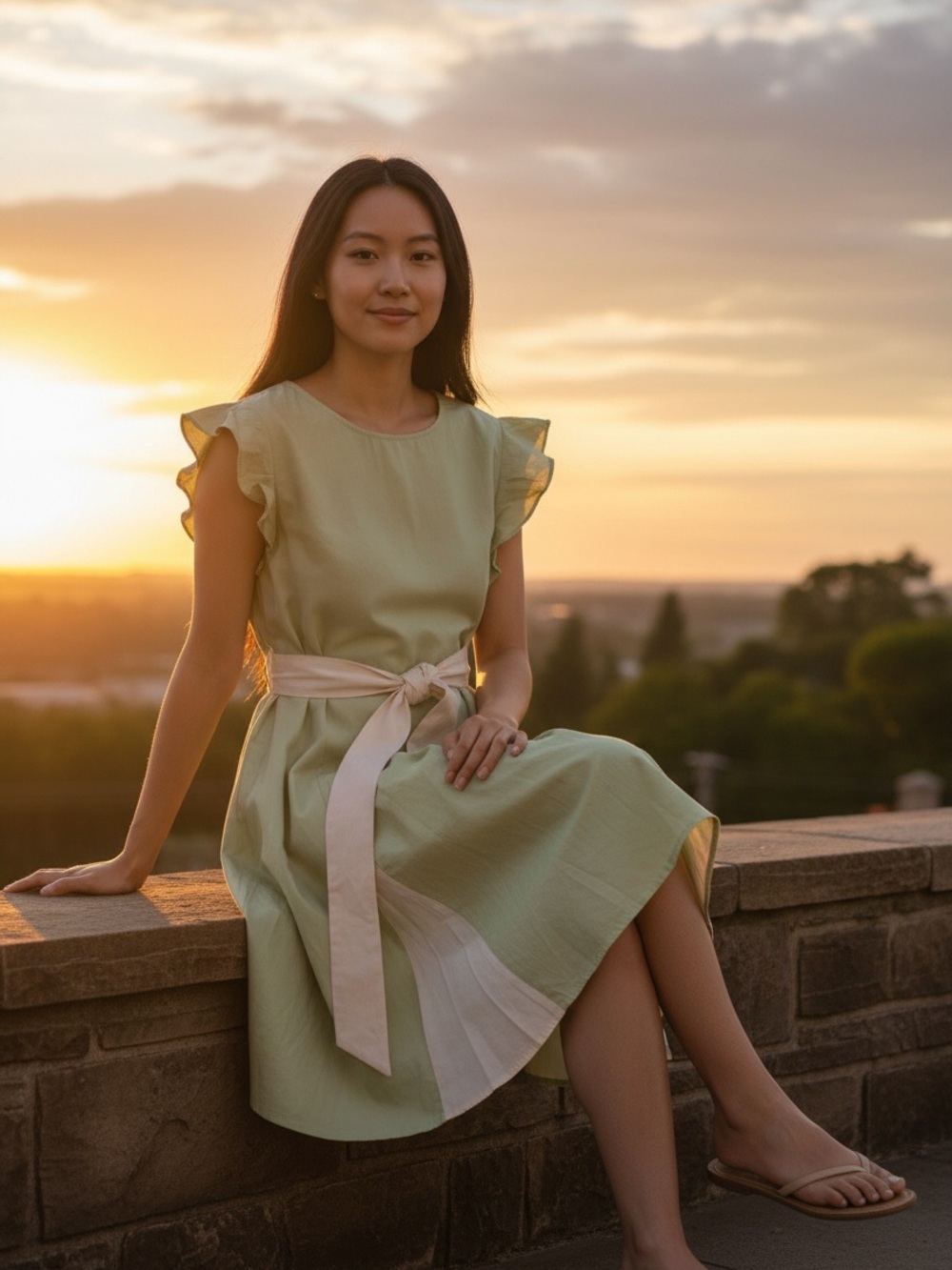 Umgee Sage Green Midi Dress - Flutter Sleeve, Contrast Panels, & Tie Belt